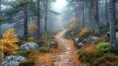 Misty Forest Path with Autumn Trees and Rocks in Nature Scene