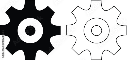 Gear and cog icon set in silhouette and outline style, mechanical settings symbols with industrial machine wheels, engineering technology vector illustration collection