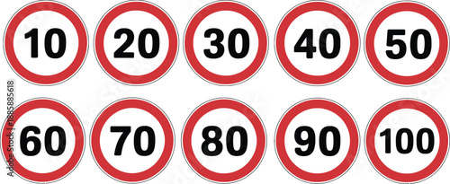 Ten speed limit signs with numbers 10 to 100 road traffic