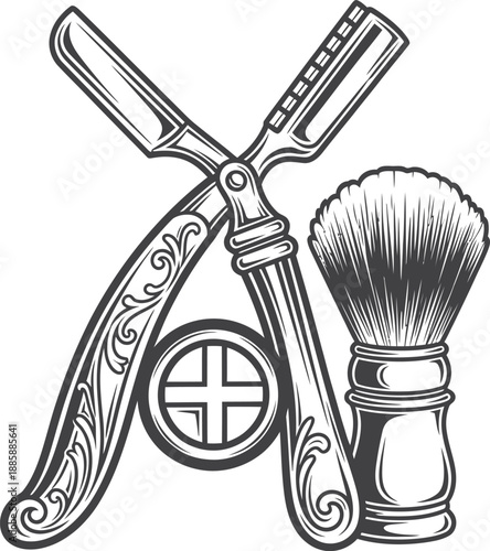 Vintage barber tools illustration featuring crossed straight razors and a classic shaving brush