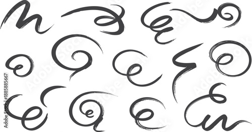 A collection of hand drawn artistic brush stroke swirl and curl elements for creative graphic design projects and decorative purposes