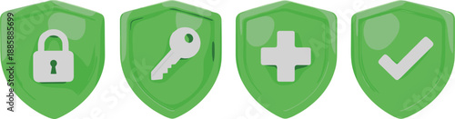 Set of glossy green 3D shield icons with security symbols including padlock key medical cross and checkmark.