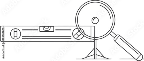 A detailed line art illustration of a spirit level being examined closely by a magnifying glass