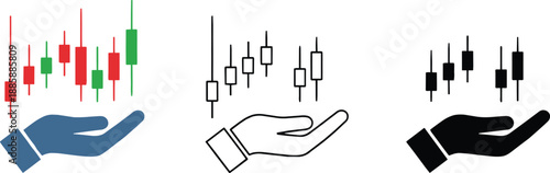 Human hand holding financial candlestick chart icons for stock market trading analysis and investment growth concept vector illustration.