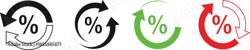 Percentage icon set with circular arrows representing cashback rewards financial cycles and economic recovery concepts in flat vector style.