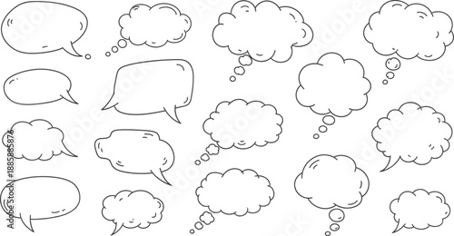 A collection of hand-drawn doodle speech bubbles and thought clouds for communication concepts