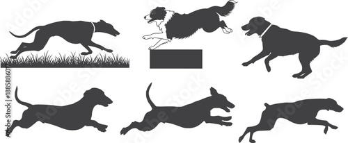 Dynamic collection of running and jumping dog silhouettes illustrating speed and agility