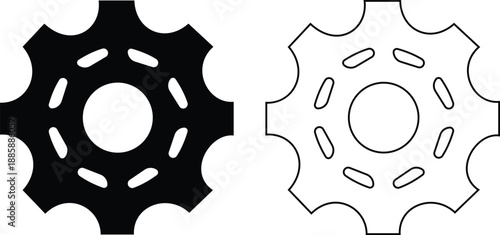 Gear and cog icon set in silhouette and outline style, mechanical settings symbols with industrial machine wheels, engineering technology vector illustration collection