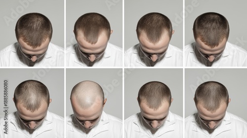 Fases de la alopecia masculina en collage, Calvicie en diferentes etapas, vista superior, Estudio comparativo sobre la evolución de la calvicie, Mockup para productos contra la alopecia