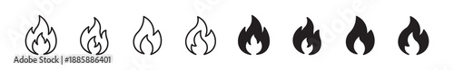  Fire Flame Icon Set. Burning Flame Symbols. Outline and Solid Style, Black and Orange Flame Icons, Vector Illustration.