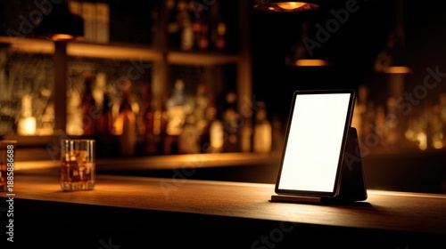 Bar scene with empty tablet on wooden counter in dim light at night