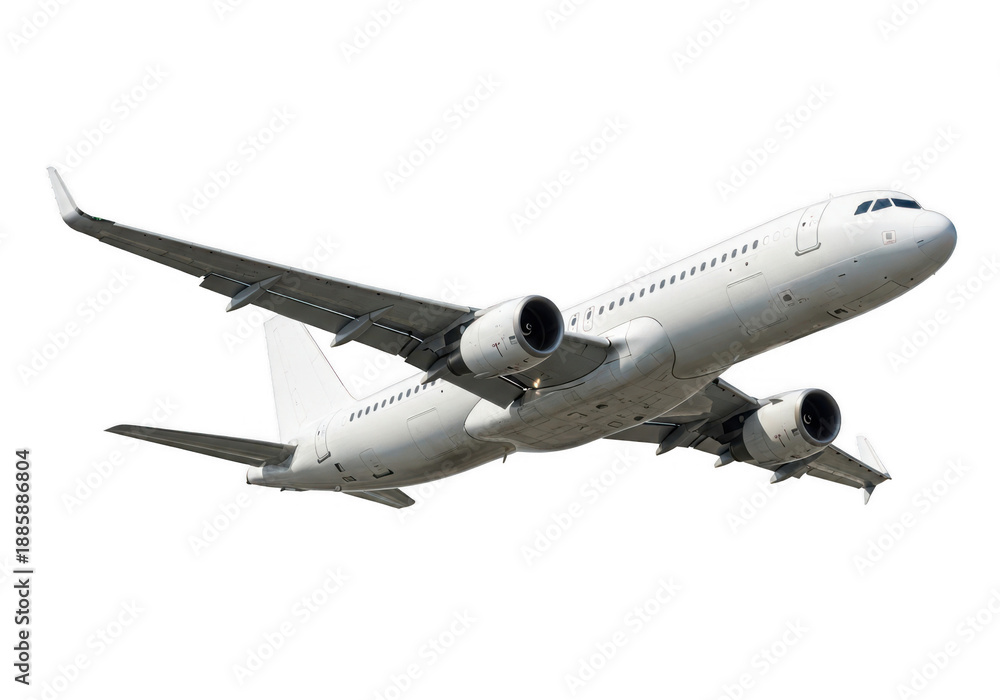 Obraz premium Commercial jet airplane in flight isolated on transparent background
