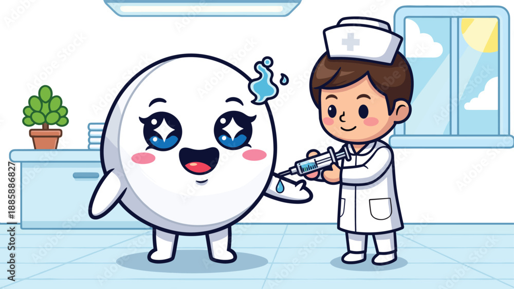 Fototapeta premium Cute cartoon tooth receiving dental injection from friendly dentist, oral healthcare concept, painless treatment illustration for kids and clinics