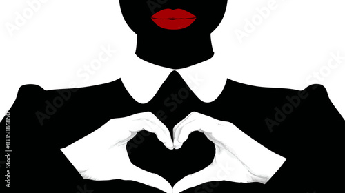 Minimalist Graphic Design of Hands Forming a Heart Shape with Red Lips on a Black and White Background. Love, Care, Romance Concept Art.