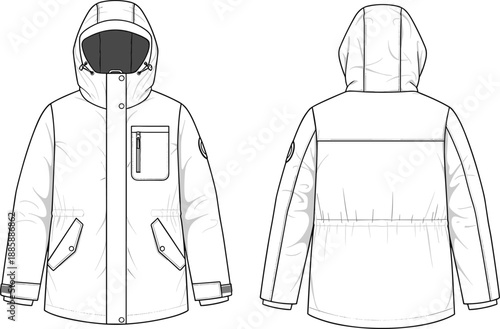 Front and Back View of a White Hooded Winter Parka with Pockets and Drawstring illustration