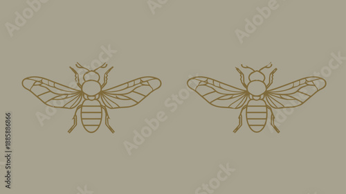 Elegant golden bee outline illustrations on a minimalist beige background, line art insect graphic design element