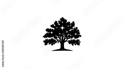 Strong black oak tree silhouette isolated on white background, representing nature, growth, ecology, and organic life, graphic element.