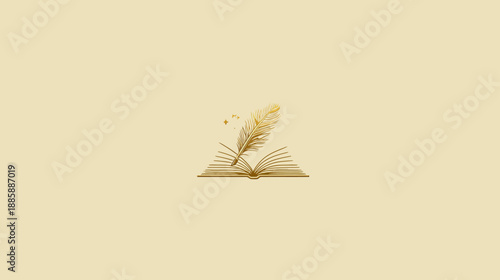 Elegant golden quill pen writing on an open book, symbolizing literature, storytelling, history, and education. Minimalist antique concept.