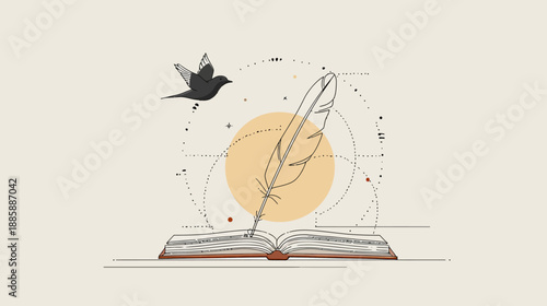 Abstract creative writing concept with open book, feather quill pen, flying bird, and subtle geometric lines