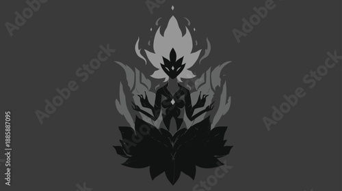 Meditative multi-armed spiritual figure enveloped in sacred flames, sitting in a radiant lotus flower. Graphic illustration.
