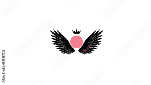 Elegant black wings surrounding a pink circle with a regal crown symbol on white. Graphic design element.