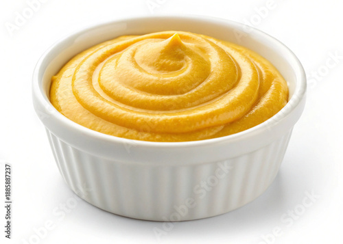 Yellow mustard sauce in a white ceramic ramekin bowl with a perfect swirl 