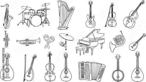 Hand drawn musical instruments doodle set with guitar, piano, drum, violin, saxophone, trumpet, harp and accordion illustrations