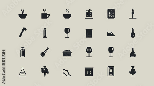 Collection of diverse minimalist vector silhouette icons featuring food, drink, household items, and various everyday objects.