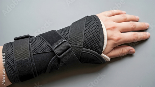 Hand in black wrist splint offering orthopedic support for carpal tunnel brace, tendonitis relief, sprained wrist treatment, injury recovery, fracture rehabilitation, post surgery recovery