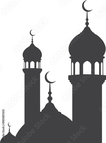Minimalist vector illustration of a mosque silhouette featuring prominent domes and minarets with crescent finials