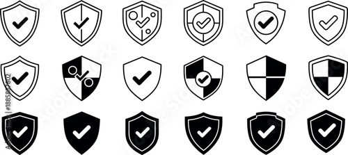 Shield Icons Set in Black and White, Minimalist Security Symbols, Protection, Verification, Cybersecurity, UI Elements for Web and App Design