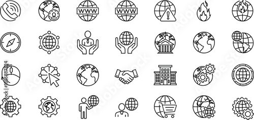 Global Communication and Technology Icons, Black and White Line Style, Internet, Business, Navigation, Environment, Vector Symbols for Web and Presentation