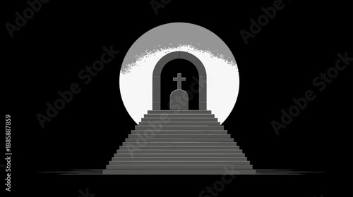 Minimalist grayscale illustration: stairs ascend to a mysterious tomb entrance with a cross, silhouetted by a full moon at night.