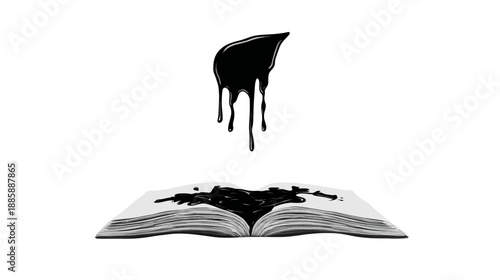 Dark ink dripping into an open book with spilled black liquid on pages, conceptual image of knowledge, secrets, or negative content.