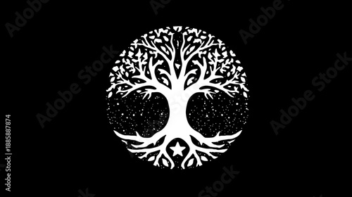 Stylized white Tree of Life symbol in a circular design on a black background, representing nature, growth, spirituality, and connection.