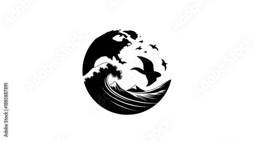Powerful ocean wave, flying seagulls, and sun in a stylized black and white circular graphic. Marine nature illustration.