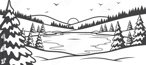 Serene winter landscape illustration featuring a frozen lake, snow-covered hills, and pine trees under a setting sun