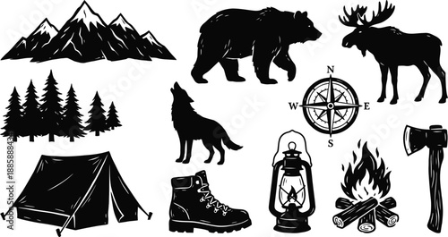 Set of black silhouette icons for camping, hiking, and wilderness adventure mountains, bear, moose, wolf, trees, tent, compass, lantern, campfire, boots, and axe