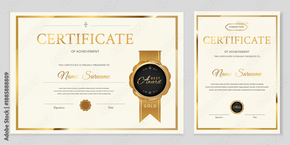 Fotografija Professional golden certificate of achievement template set with horizontal and vertical layouts