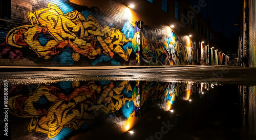 Vibrant graffiti on a brick wall reflects in a puddle at night in an urban landscape.