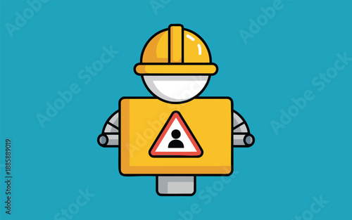 Yellow robot with hard hat and warning sign