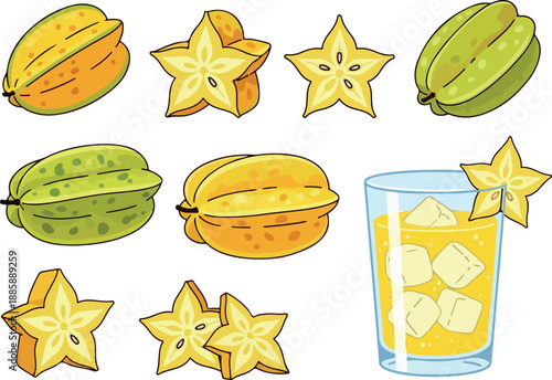 Starfruit Variety From Whole Fruits to Refreshing Juice, A Colorful Vector Illustration