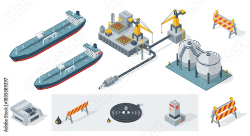 Oil Refinery Industrial Equipment and Tankers.