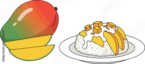 Delicious Mango and Sticky Rice A Vibrant Dessert Illustration