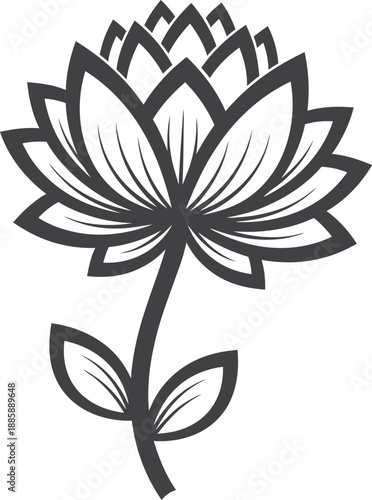 Elegant monochrome lotus flower illustration on a stem with leaves, symbolizing purity and growth in a minimalist graphic design
