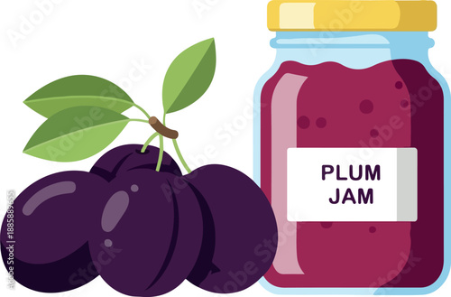 Vibrant Illustration of Fresh Plums and Homemade Plum Jam, Perfect for Culinary and Food-Related Projects