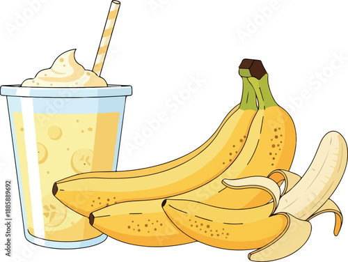 Fresh banana smoothie with ripe bananas, perfect refreshing beverage for healthy lifestyle, vegan option