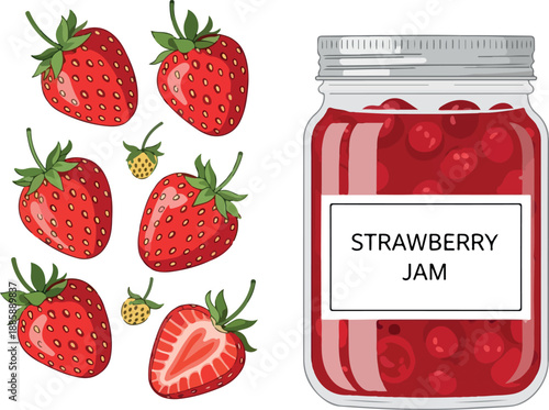 Fresh Strawberry Delight Jar of Sweet Strawberry Jam and Ripe Berries Illustration