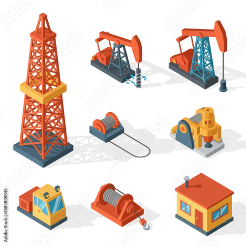 Oil rig equipment and machinery illustrations collection.