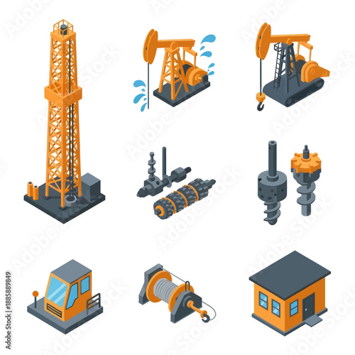 Oil Rig Equipment and Machinery Icons Set.